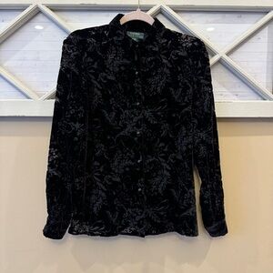 Ralph Lauren‎ BLACK Sz Small S AMAZING Velvet Devore Silk Shirt Jacket Tunic Top